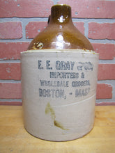Load image into Gallery viewer, E E GRAY &amp; Co BOSTON MASS IMPORTERS &amp; WHOLESALE GROCERS Antique Stoneware Ad Jug Two Tone Handle
