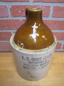 E E GRAY & Co BOSTON MASS IMPORTERS & WHOLESALE GROCERS Antique Stoneware Ad Jug Two Tone Handle