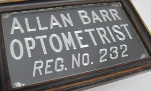 ALLAN BARR OPTOMETRIST Antique Advertising Sign Etched Metal Framed Under Glass Ornate Edge Design