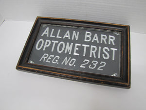ALLAN BARR OPTOMETRIST Antique Advertising Sign Etched Metal Framed Under Glass Ornate Edge Design
