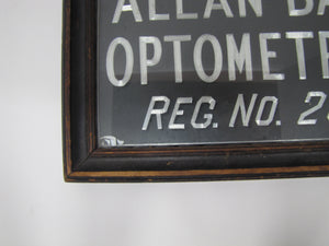 ALLAN BARR OPTOMETRIST Antique Advertising Sign Etched Metal Framed Under Glass Ornate Edge Design