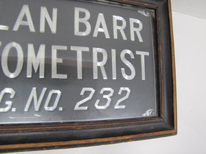 ALLAN BARR OPTOMETRIST Antique Advertising Sign Etched Metal Framed Under Glass Ornate Edge Design