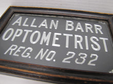 Load image into Gallery viewer, ALLAN BARR OPTOMETRIST Antique Advertising Sign Etched Metal Framed Under Glass Ornate Edge Design
