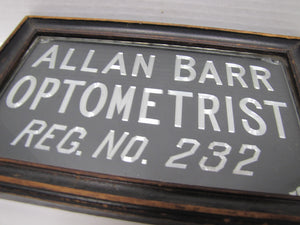 ALLAN BARR OPTOMETRIST Antique Advertising Sign Etched Metal Framed Under Glass Ornate Edge Design