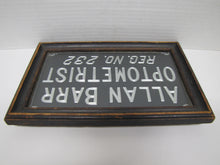 Load image into Gallery viewer, ALLAN BARR OPTOMETRIST Antique Advertising Sign Etched Metal Framed Under Glass Ornate Edge Design
