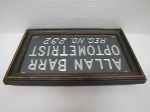 ALLAN BARR OPTOMETRIST Antique Advertising Sign Etched Metal Framed Under Glass Ornate Edge Design