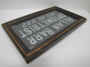 ALLAN BARR OPTOMETRIST Antique Advertising Sign Etched Metal Framed Under Glass Ornate Edge Design