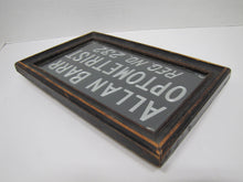 Load image into Gallery viewer, ALLAN BARR OPTOMETRIST Antique Advertising Sign Etched Metal Framed Under Glass Ornate Edge Design
