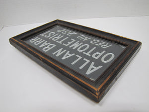 ALLAN BARR OPTOMETRIST Antique Advertising Sign Etched Metal Framed Under Glass Ornate Edge Design