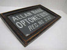 Load image into Gallery viewer, ALLAN BARR OPTOMETRIST Antique Advertising Sign Etched Metal Framed Under Glass Ornate Edge Design
