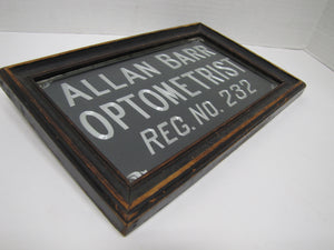 ALLAN BARR OPTOMETRIST Antique Advertising Sign Etched Metal Framed Under Glass Ornate Edge Design