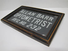 Load image into Gallery viewer, ALLAN BARR OPTOMETRIST Antique Advertising Sign Etched Metal Framed Under Glass Ornate Edge Design
