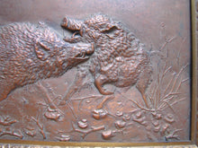 Load image into Gallery viewer, Antique Boars Fighting Copper Repousse High Relief Plaque Bronze Frame Ornate
