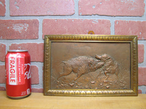 Antique Boars Fighting Copper Repousse High Relief Plaque Bronze Frame Ornate