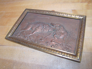 Antique Boars Fighting Copper Repousse High Relief Plaque Bronze Frame Ornate