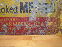Load image into Gallery viewer, 1940s PETER HEINRICH Fresh &amp; Smoked MEATS Old Metal Butcher Farm Store Ad Sign 1948 MEMBER CITY FARMERS &amp; DEALERS ASSOCIATION
