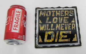 MOTHERS LOVE WILL NEVER DIE Old Folk Art Chip Glass Sign Plaque Scalloped Edge with Tin Back
