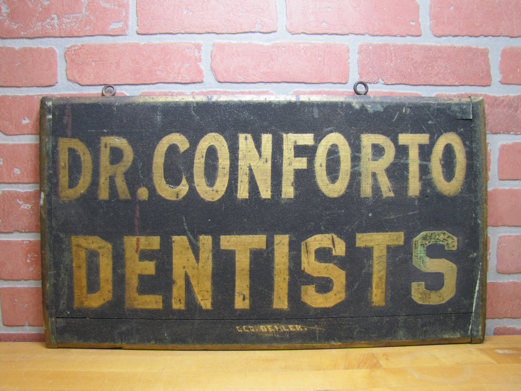 DR CONFORTO DENTISTS Antique Wooden Smatlz Double Sided Ad Sign GEO DEHLER