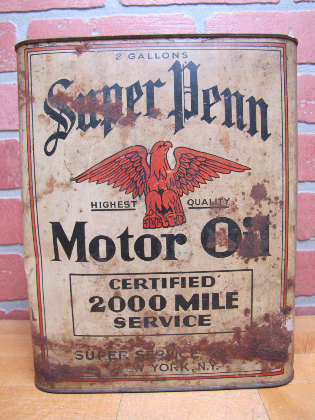 SUPER PENN MOTOR OIL 2 GALLONS NEW YORK NY CAN Certified 2000 Mile Service Eagle Highest Quality