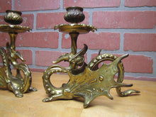Load image into Gallery viewer, Griffin Dragon Winged Beast Old Pair Bronze Brass Chambersticks Candlesticks Candle Holders
