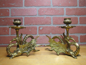 Griffin Dragon Winged Beast Old Pair Bronze Brass Chambersticks Candlesticks Candle Holders