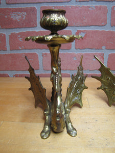 Griffin Dragon Winged Beast Old Pair Bronze Brass Chambersticks Candlesticks Candle Holders