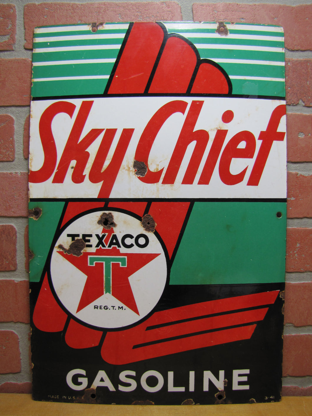 1941 TEXACO SKY CHIEF GASOLINE 3-41 Made in USA Original Old WW2 Era Porcelain Sign Gas Station Repair Shop Petroliana Advertising