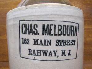 CHAS MELBOURN 162 MAIN STREET RAHWAY NJ Antique Advertising Stoneware Liquor Jug New Jersey