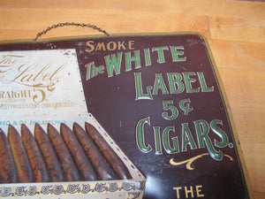 WHITE LABEL 5c CIGARS Antique Embossed Tin Advertising Store Display Sign CARVALHO & Co PHILA USA