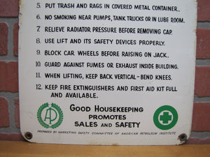 SERVICE STATION SAFETY REMINDERS Old Shop Advertising Sign GOOD HOUSEKEEPING PROMOTES SALES AND SAFETY