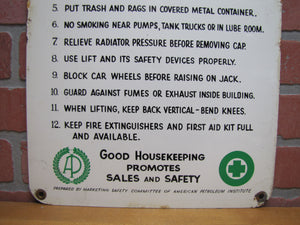 SERVICE STATION SAFETY REMINDERS Old Shop Advertising Sign GOOD HOUSEKEEPING PROMOTES SALES AND SAFETY