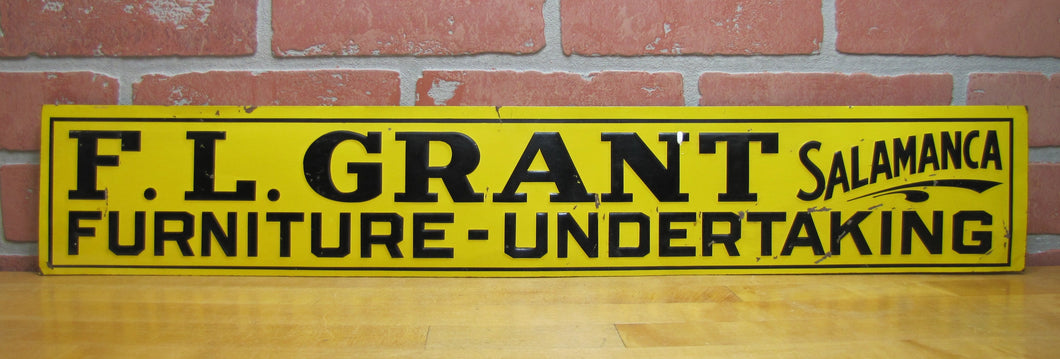 F L GRANT SALAMANCA FURNITURE UNDERTAKING Orig Old Embossed Tin Advertising Sign
