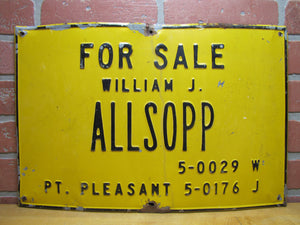 FOR SALE WILLIAM ALLSOPP PT PLEASANT NJ Old Embossed Steel Ad Sign Point Pleasant New Jersey