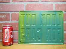 Load image into Gallery viewer, LOOK OUT FOR CARS NOS Old Railroad Gas Station Safety Advertising Embossed Steel Sign
