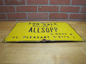 FOR SALE WILLIAM ALLSOPP PT PLEASANT NJ Old Embossed Steel Ad Sign Point Pleasant New Jersey