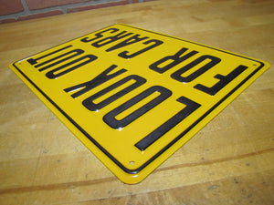 LOOK OUT FOR CARS NOS Old Railroad Gas Station Safety Advertising Embossed Steel Sign