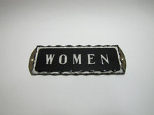 Load image into Gallery viewer, WOMEN Antique Chip Glass Advertising Sign Restroom Bathroom Diner Gas Station Ad Silver Black Design Brass Back Plate
