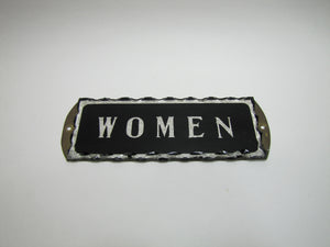 WOMEN Antique Chip Glass Advertising Sign Restroom Bathroom Diner Gas Station Ad Silver Black Design Brass Back Plate
