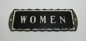 WOMEN Antique Chip Glass Advertising Sign Restroom Bathroom Diner Gas Station Ad Silver Black Design Brass Back Plate