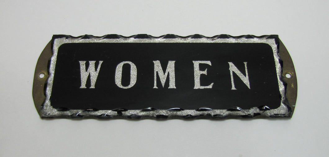 WOMEN Antique Chip Glass Advertising Sign Restroom Bathroom Diner Gas Station Ad Silver Black Design Brass Back Plate