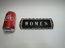 Load image into Gallery viewer, WOMEN Antique Chip Glass Advertising Sign Restroom Bathroom Diner Gas Station Ad Silver Black Design Brass Back Plate
