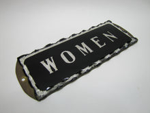 Load image into Gallery viewer, WOMEN Antique Chip Glass Advertising Sign Restroom Bathroom Diner Gas Station Ad Silver Black Design Brass Back Plate
