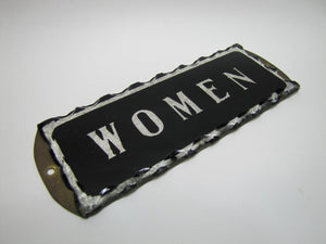 WOMEN Antique Chip Glass Advertising Sign Restroom Bathroom Diner Gas Station Ad Silver Black Design Brass Back Plate