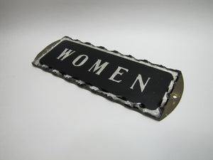 WOMEN Antique Chip Glass Advertising Sign Restroom Bathroom Diner Gas Station Ad Silver Black Design Brass Back Plate