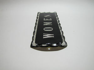 WOMEN Antique Chip Glass Advertising Sign Restroom Bathroom Diner Gas Station Ad Silver Black Design Brass Back Plate