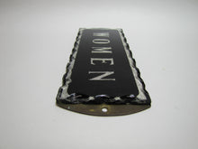 Load image into Gallery viewer, WOMEN Antique Chip Glass Advertising Sign Restroom Bathroom Diner Gas Station Ad Silver Black Design Brass Back Plate
