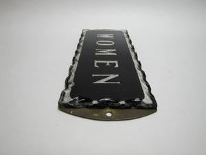 WOMEN Antique Chip Glass Advertising Sign Restroom Bathroom Diner Gas Station Ad Silver Black Design Brass Back Plate