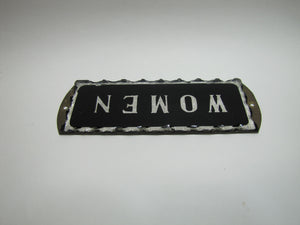 WOMEN Antique Chip Glass Advertising Sign Restroom Bathroom Diner Gas Station Ad Silver Black Design Brass Back Plate