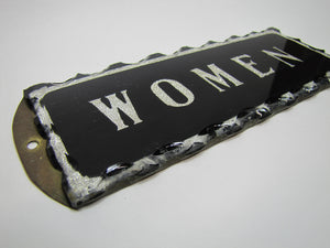 WOMEN Antique Chip Glass Advertising Sign Restroom Bathroom Diner Gas Station Ad Silver Black Design Brass Back Plate