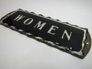 WOMEN Antique Chip Glass Advertising Sign Restroom Bathroom Diner Gas Station Ad Silver Black Design Brass Back Plate